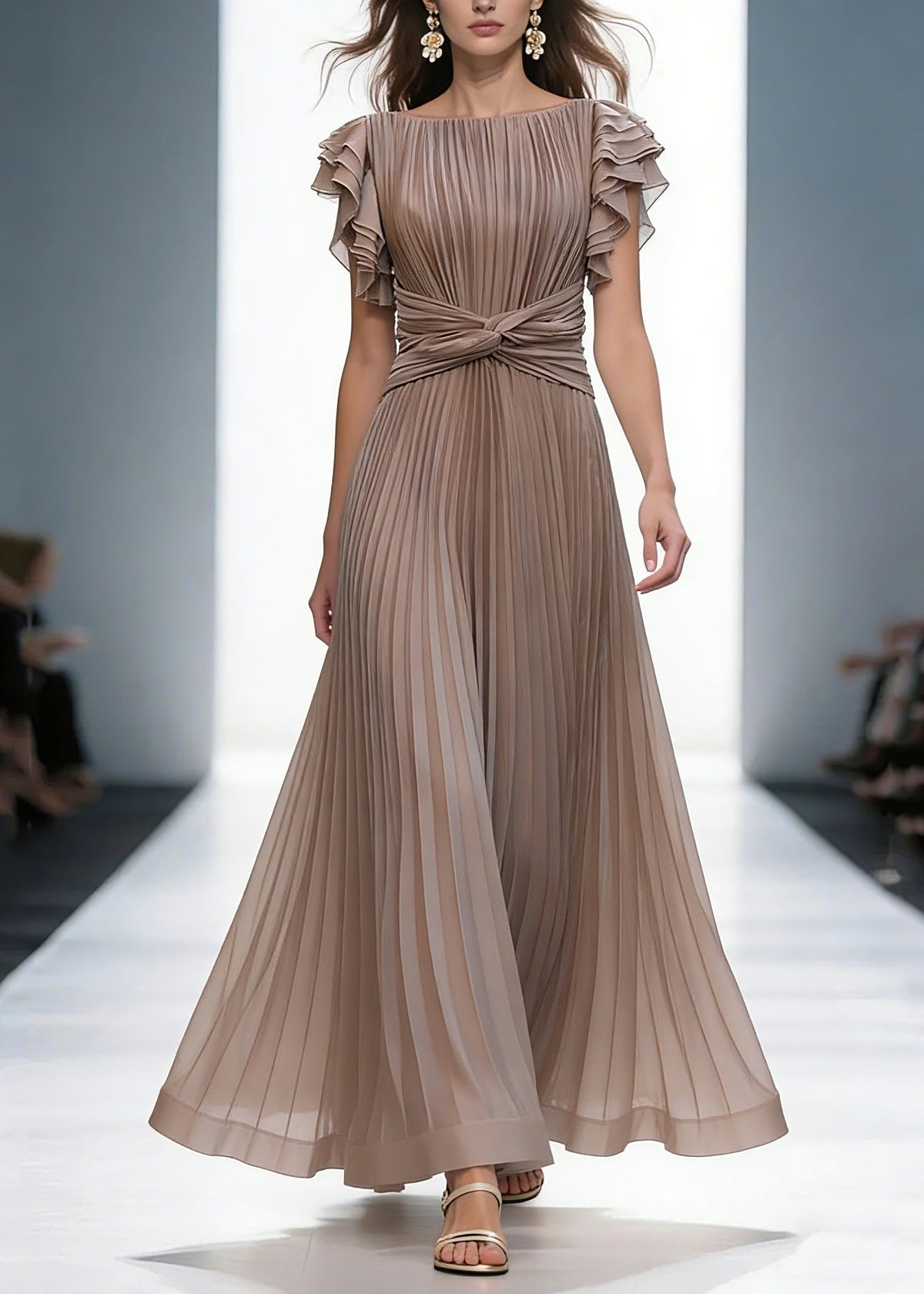 Boat Neck Tiered Ruffle Sleeve Twisted Waist Pleated Maxi Gown