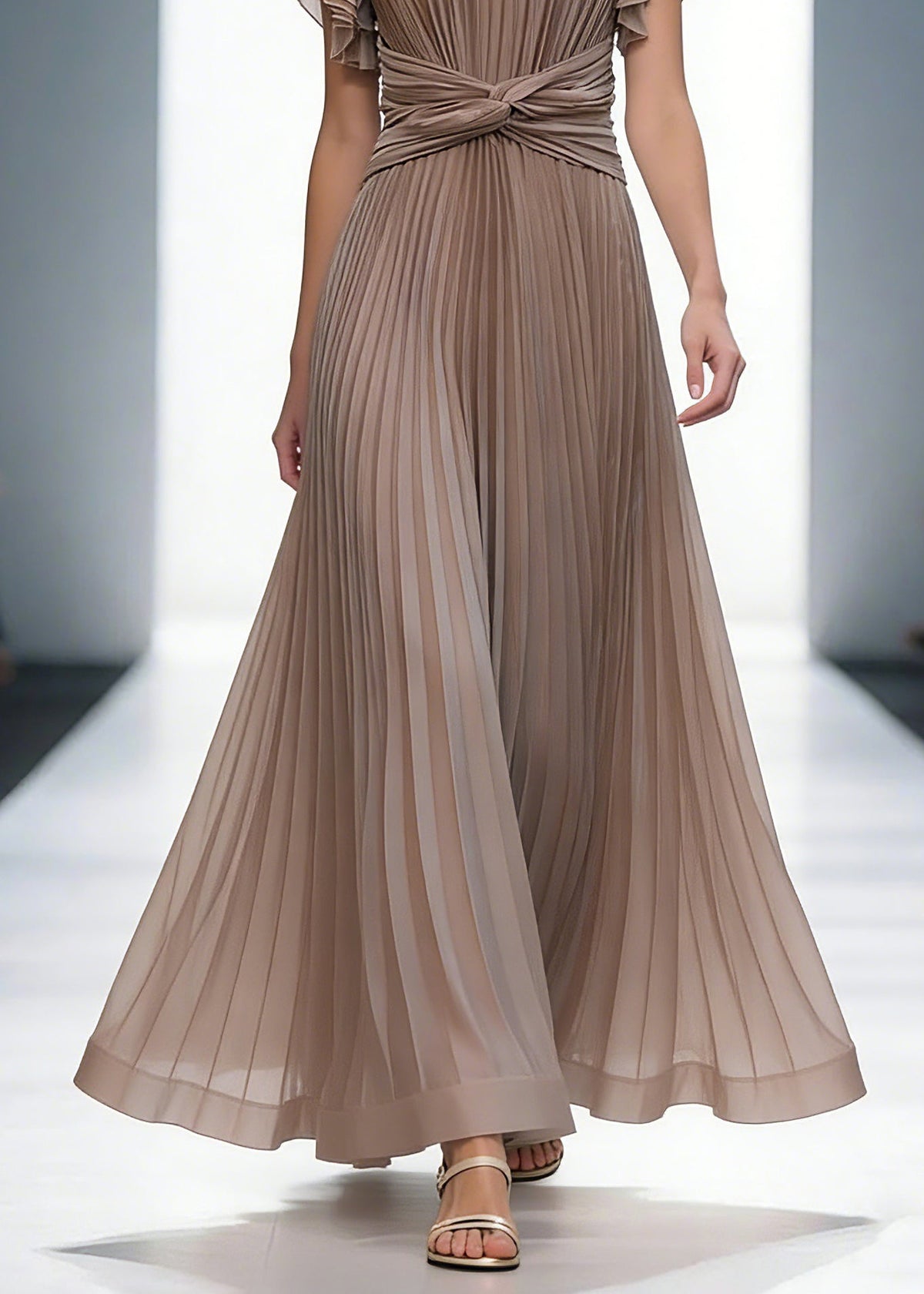 Boat Neck Tiered Ruffle Sleeve Twisted Waist Pleated Maxi Gown