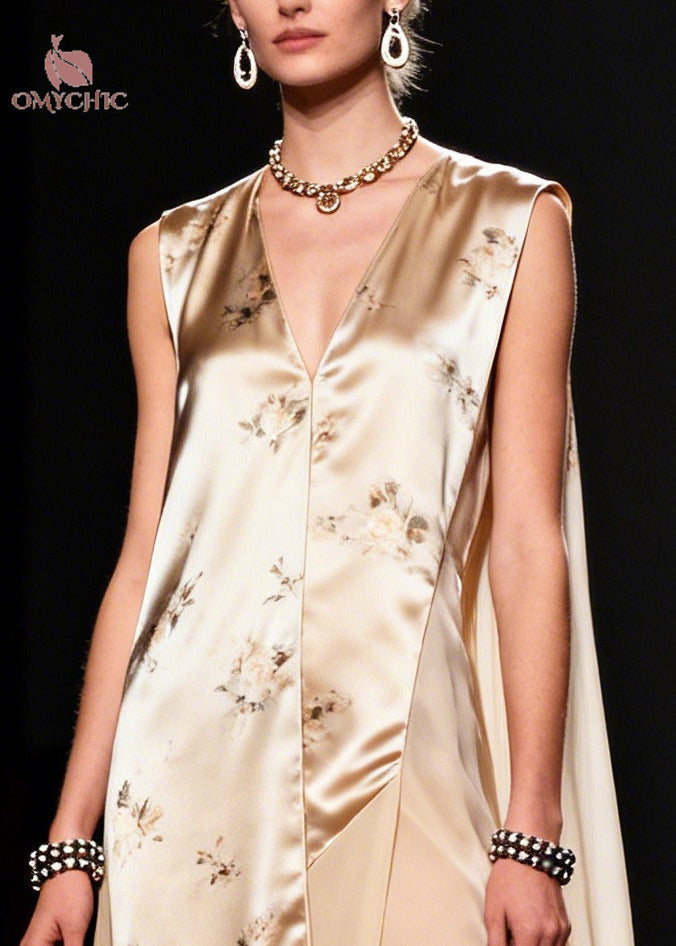 Sleeveless Deep V-Neck Floral Print Sheer Panel Asymmetrical Hem Maxi Gown
