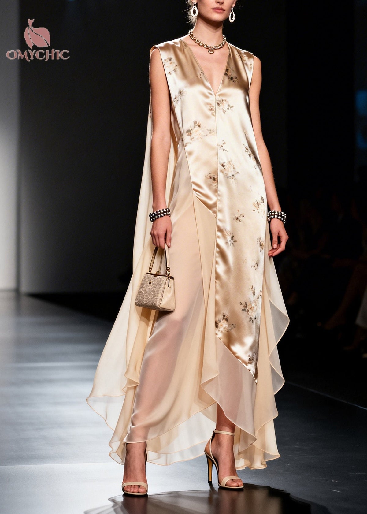 Sleeveless Deep V-Neck Floral Print Sheer Panel Asymmetrical Hem Maxi Gown