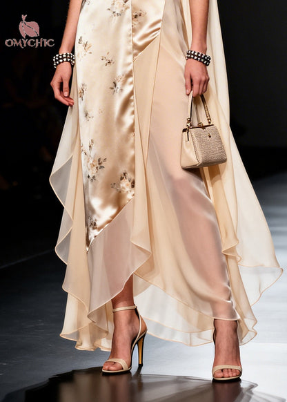 Sleeveless Deep V-Neck Floral Print Sheer Panel Asymmetrical Hem Maxi Gown