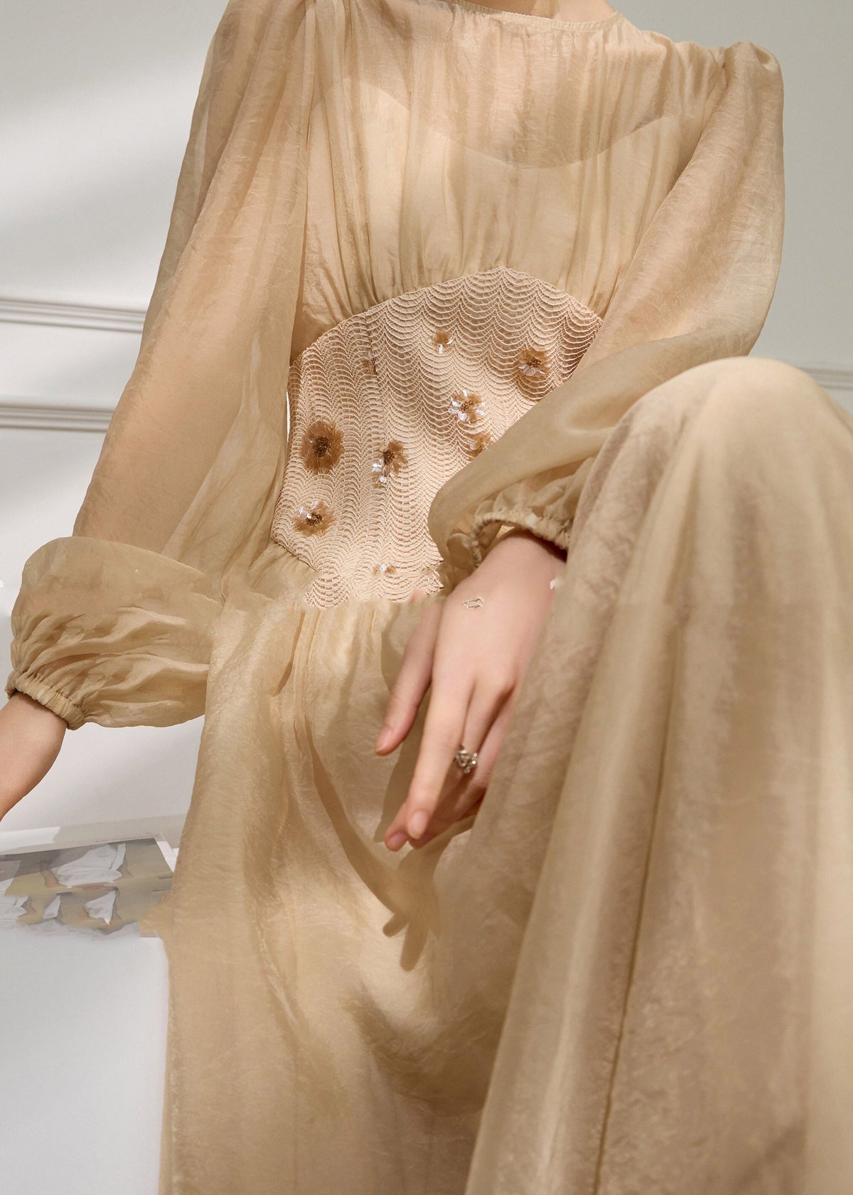 Round Neck Smocked Embroidered Waist Tulle Lantern Sleeve Maxi Dress