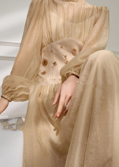 Round Neck Smocked Embroidered Waist Tulle Lantern Sleeve Maxi Dress