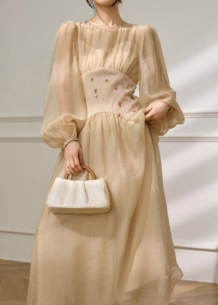 Round Neck Smocked Embroidered Waist Tulle Lantern Sleeve Maxi Dress