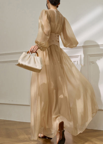 Round Neck Smocked Embroidered Waist Tulle Lantern Sleeve Maxi Dress