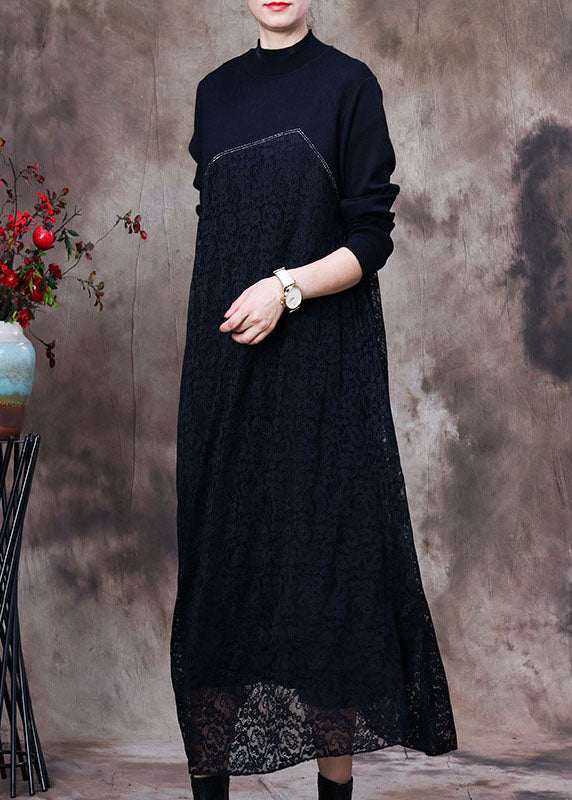 Mock Neck Asymmetrical Seam Floral Lace Overlay Mixed Media Maxi Dress