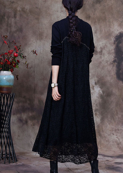Mock Neck Asymmetrical Seam Floral Lace Overlay Mixed Media Maxi Dress