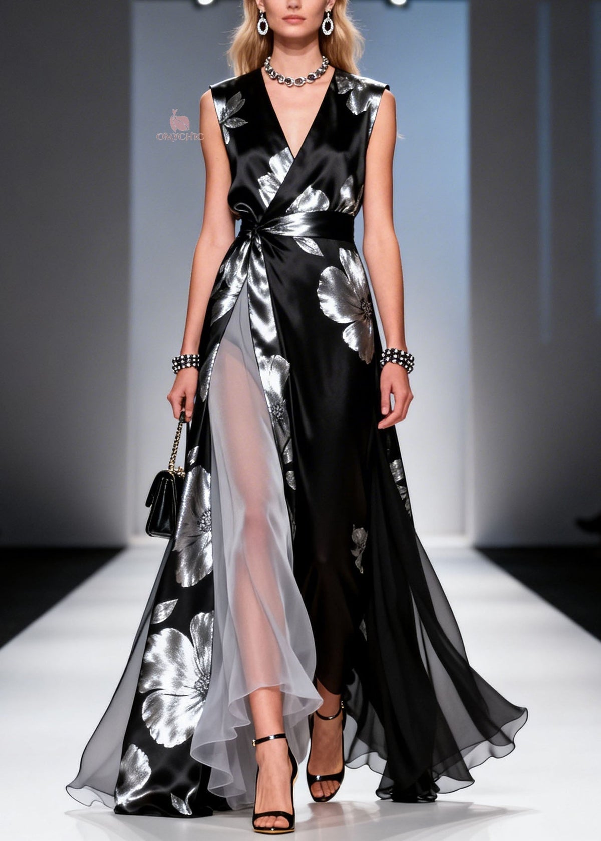 Wrap Front Metallic Floral Print High-Slit Sheer Ruffle Insert Maxi Gown
