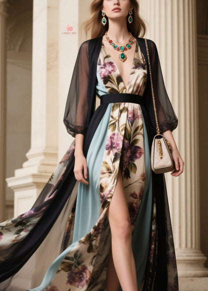 Floral V-Neck High Slit Sheer Kimono Sleeve Maxi Dress