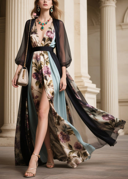 Floral V-Neck High Slit Sheer Kimono Sleeve Maxi Dress