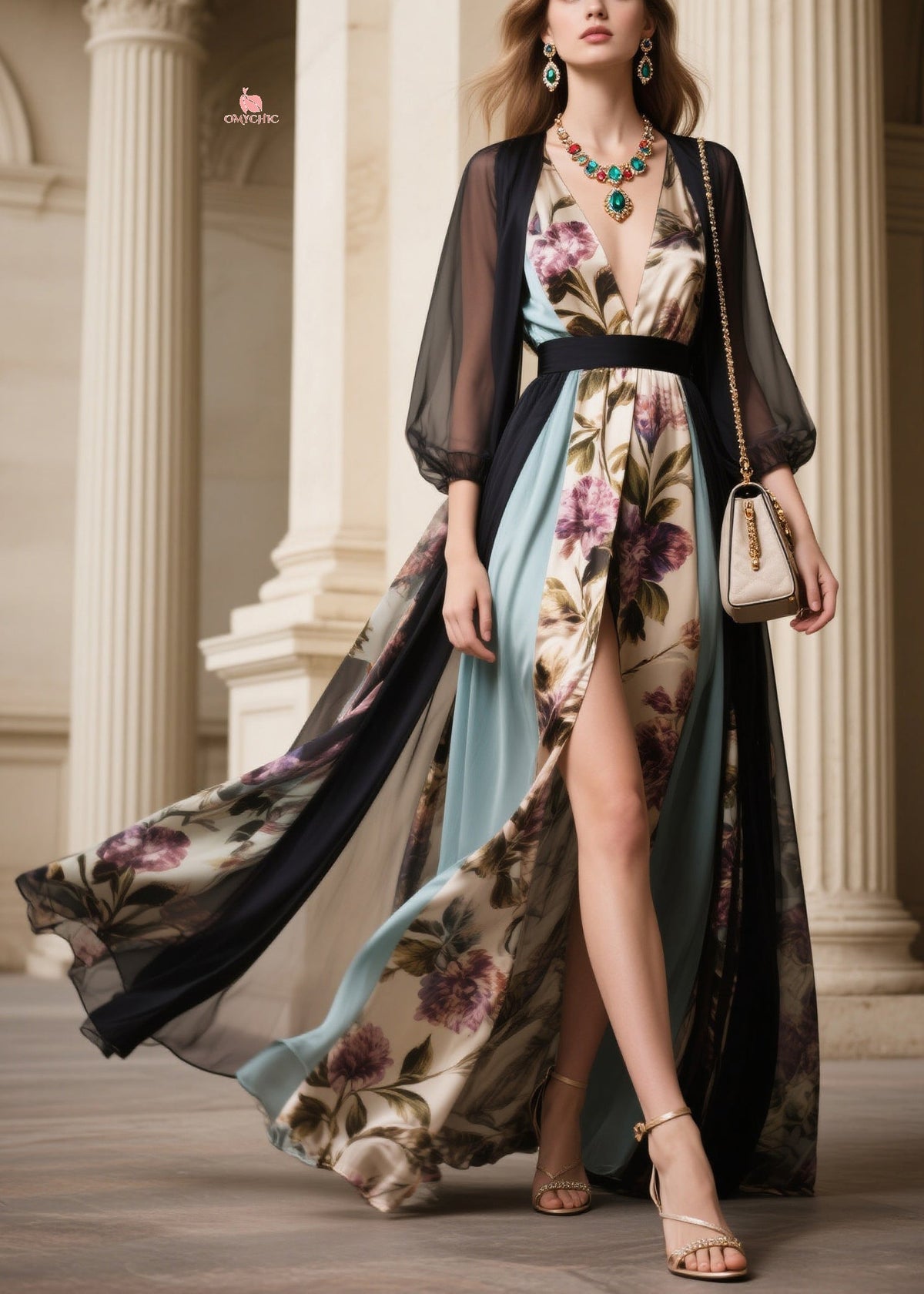 Floral V-Neck High Slit Sheer Kimono Sleeve Maxi Dress