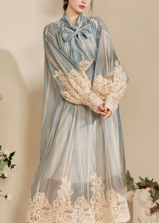 Deep V-Neck Bow Print Lace Panel Long Sleeve Maxi Dress