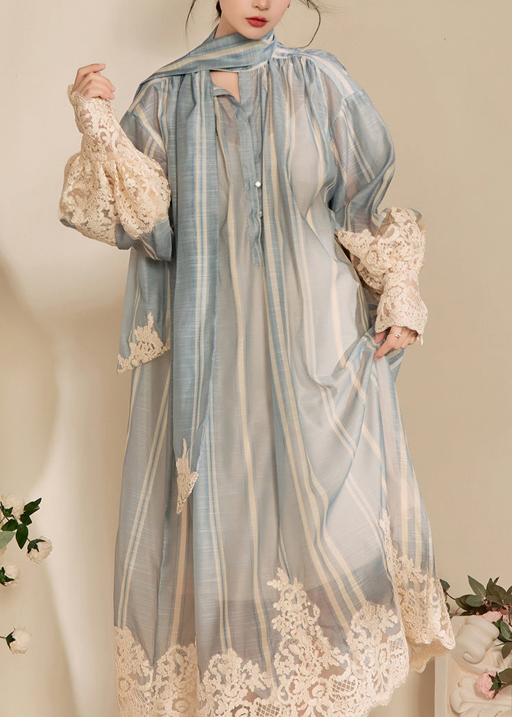 Deep V-Neck Bow Print Lace Panel Long Sleeve Maxi Dress