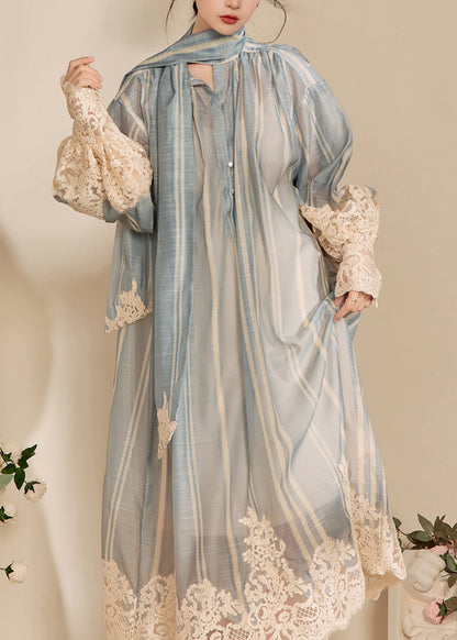 Deep V-Neck Bow Print Lace Panel Long Sleeve Maxi Dress