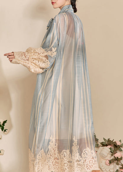 Deep V-Neck Bow Print Lace Panel Long Sleeve Maxi Dress
