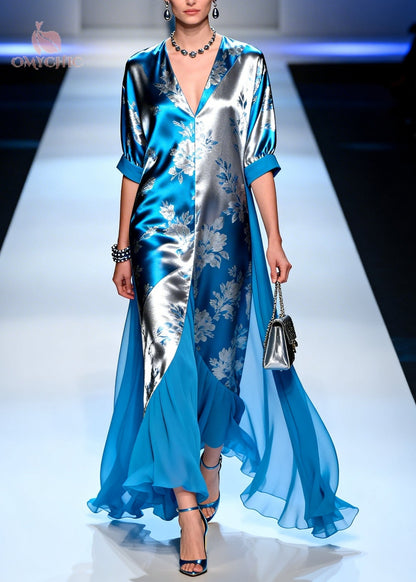 Deep V Neck Floral Jacquard Bishop Sleeve Chiffon Cape Maxi Dress