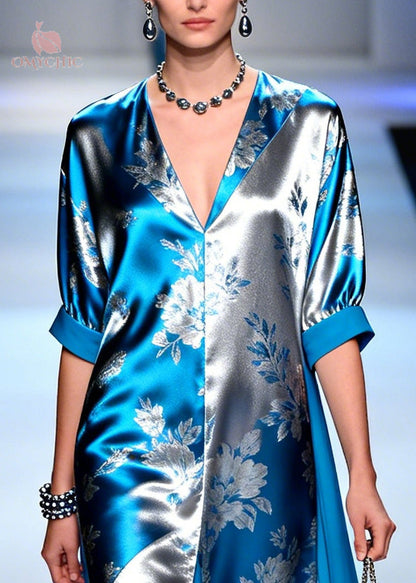 Deep V Neck Floral Jacquard Bishop Sleeve Chiffon Cape Maxi Dress