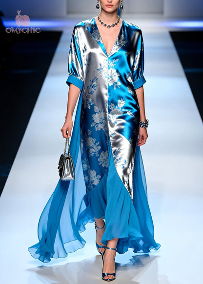 Deep V Neck Floral Jacquard Bishop Sleeve Chiffon Cape Maxi Dress
