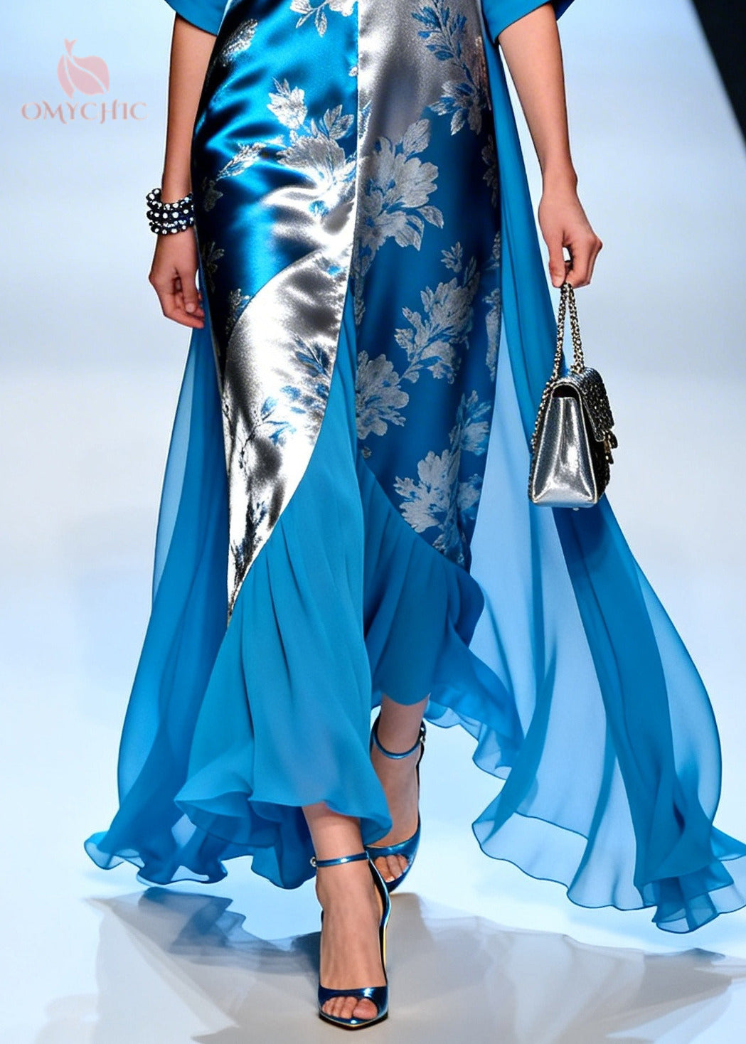 Deep V Neck Floral Jacquard Bishop Sleeve Chiffon Cape Maxi Dress