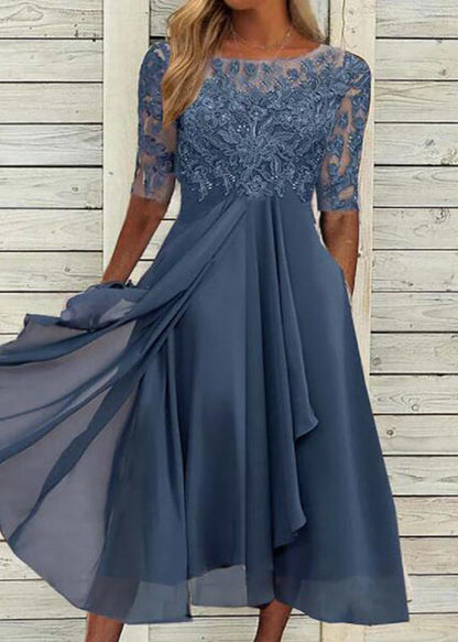 Lace Bodice Scoop Neck Half Sleeve Pleated Chiffon Midi Dress
