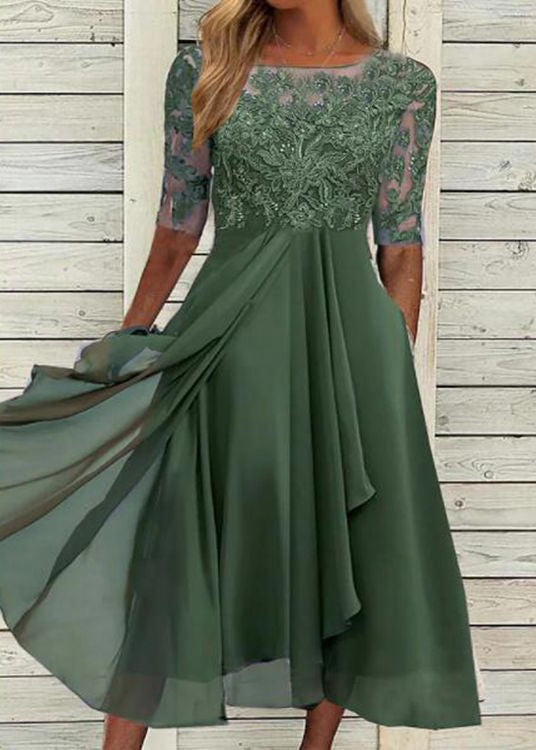 Lace Bodice Scoop Neck Half Sleeve Pleated Chiffon Midi Dress