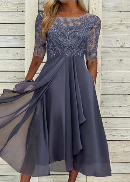 Lace Bodice Scoop Neck Half Sleeve Pleated Chiffon Midi Dress