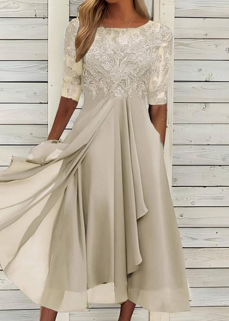 Lace Bodice Scoop Neck Half Sleeve Pleated Chiffon Midi Dress