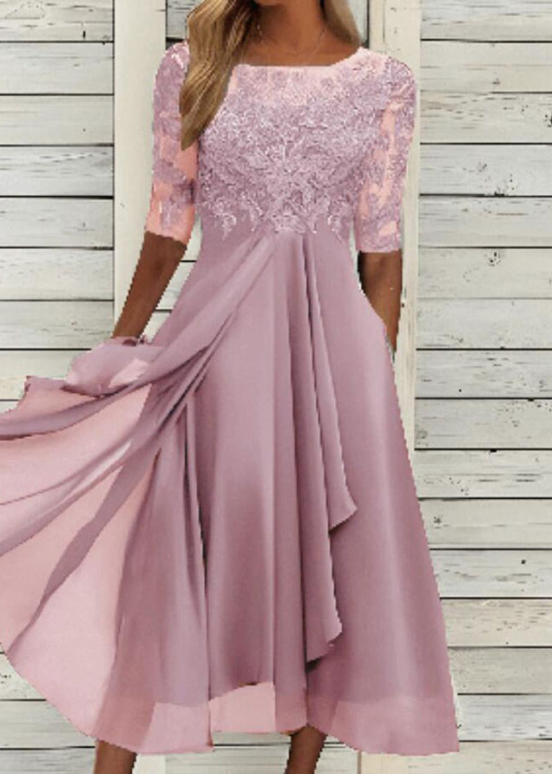 Lace Bodice Scoop Neck Half Sleeve Pleated Chiffon Midi Dress