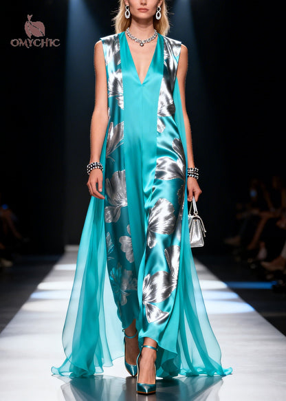 Deep V-Neck Metallic Floral Print Sheer Side Panel Maxi Gown