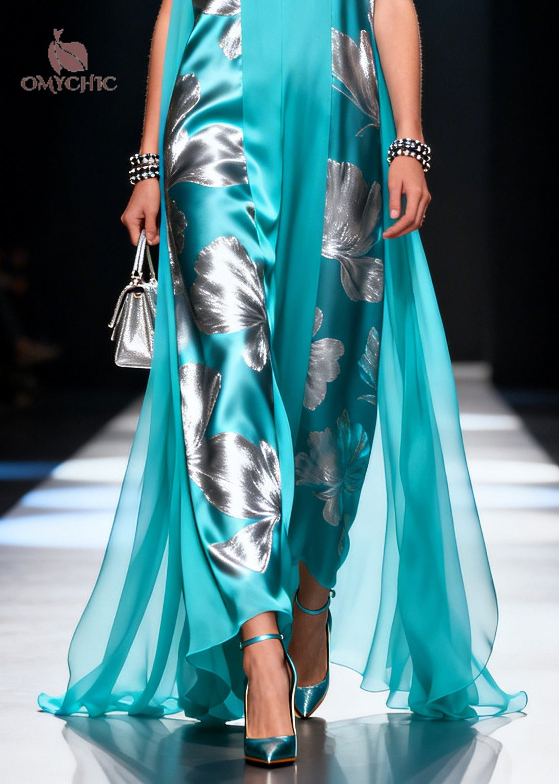 Deep V-Neck Metallic Floral Print Sheer Side Panel Maxi Gown