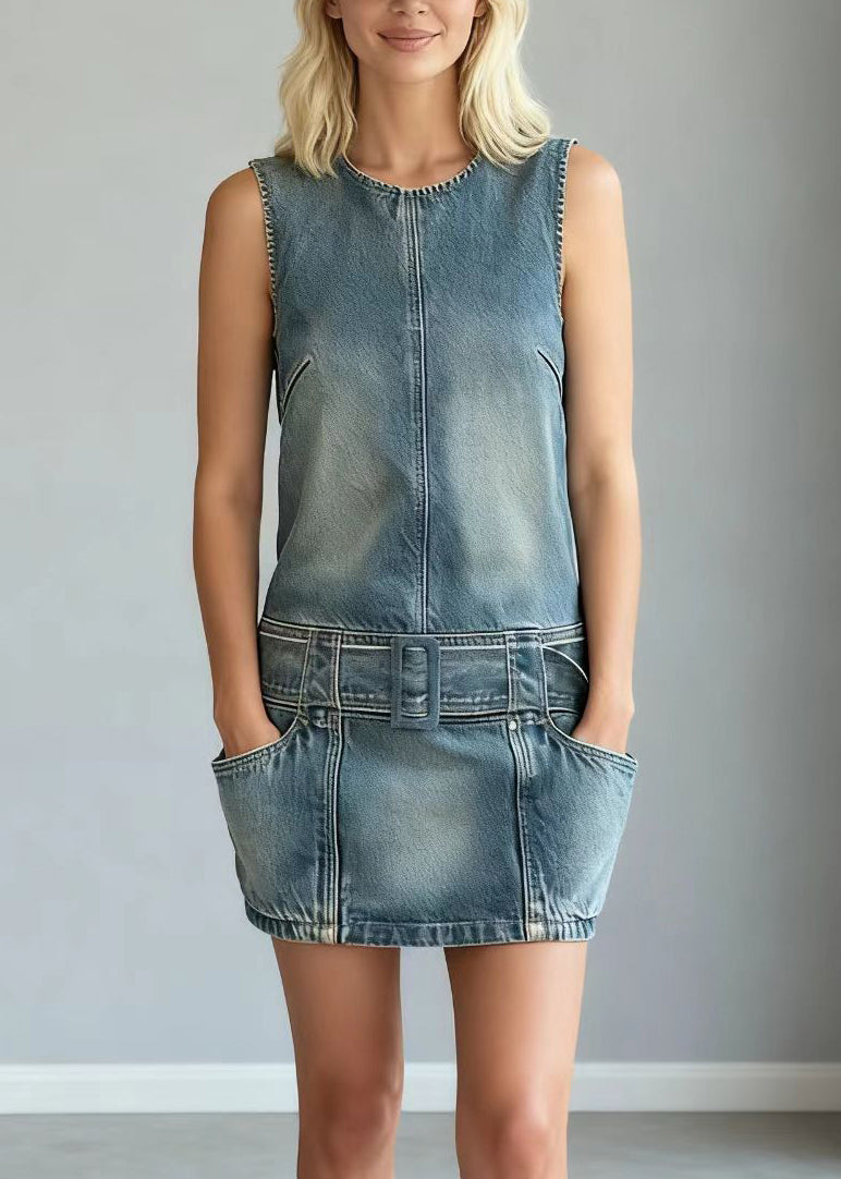 Crew Neck Belt Loop Pocket Washed Denim Pinafore Mini Dress