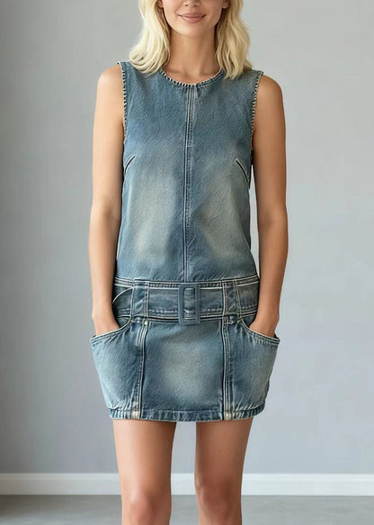 Crew Neck Belt Loop Pocket Washed Denim Pinafore Mini Dress