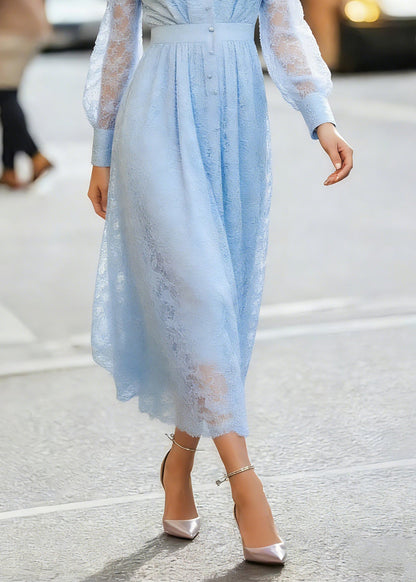 Deep V Neck Button Front Pleated Floral Lace Bishop Sleeve Midi Dress