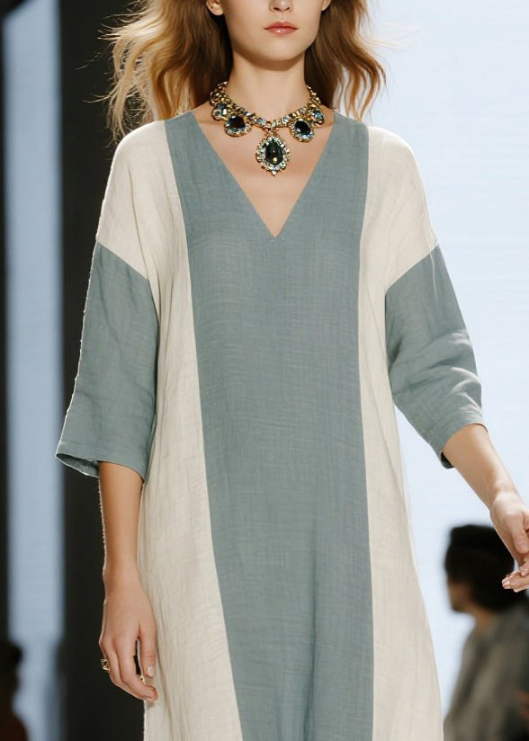 Deep V-Neck Colorblock Vertical Stripe Linen Three-Quarter Sleeve Midi Dress