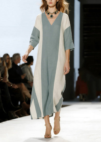 Deep V-Neck Colorblock Vertical Stripe Linen Three-Quarter Sleeve Midi Dress