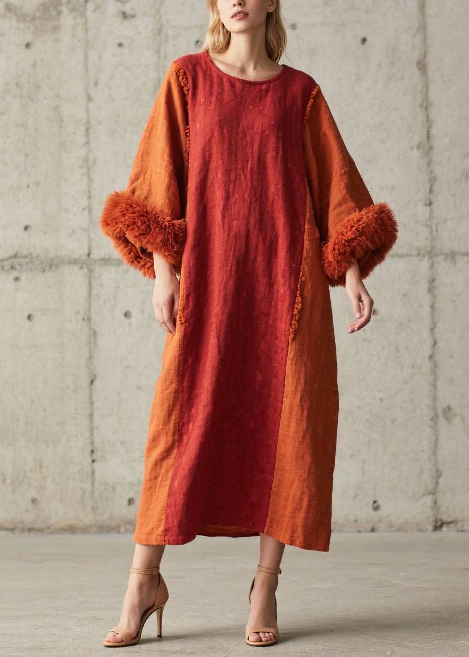 Fringe Seam Panel Oversized Bell Sleeve Faux Fur Cuff Maxi Dress