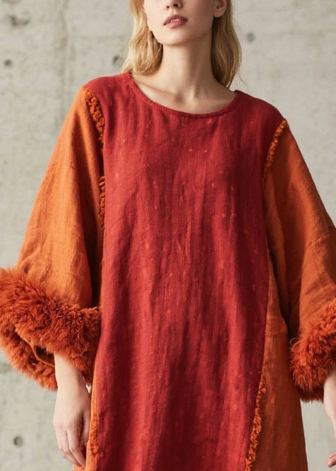 Fringe Seam Panel Oversized Bell Sleeve Faux Fur Cuff Maxi Dress