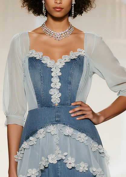 Sweetheart Denim Lace Applique Puff Sleeve Tiered Midi Dress