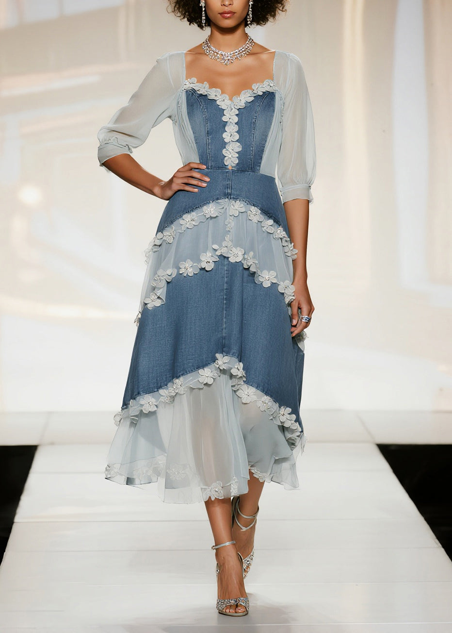 Sweetheart Denim Lace Applique Puff Sleeve Tiered Midi Dress