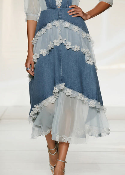 Sweetheart Denim Lace Applique Puff Sleeve Tiered Midi Dress