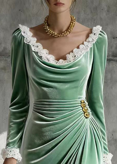 Round Neck Lace Trim Puff Sleeve Side Ruched Button Velvet Wrap Midi Dress