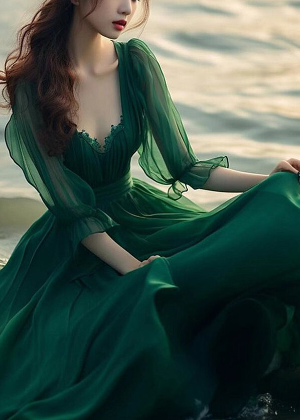 Sweetheart Neck Lace Trim Puff Sleeve Pleated Cinched Waist Maxi Gown