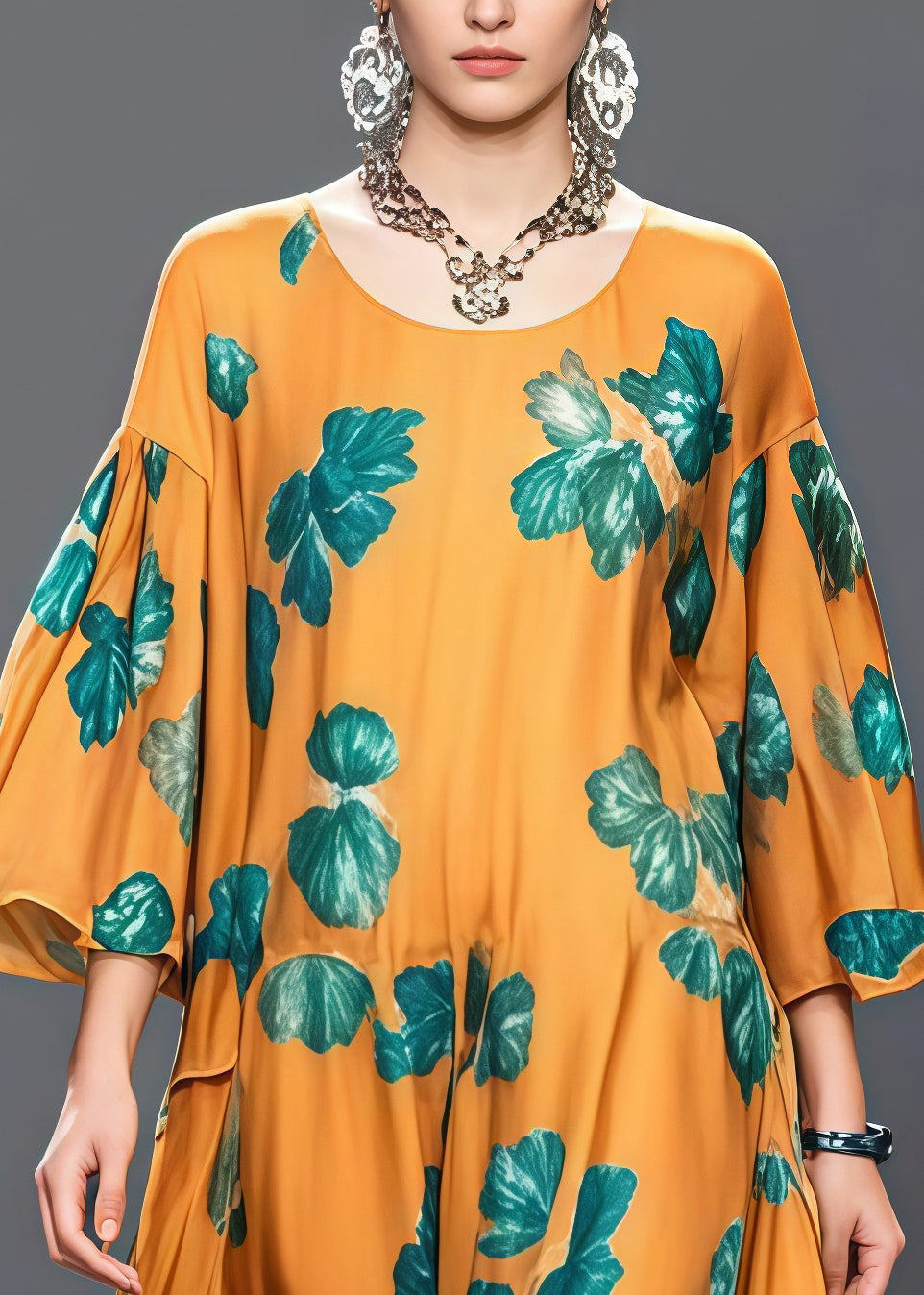 Round Neck Bell Sleeve Botanical Leaf Print Gathered Waist Chiffon Maxi Dress