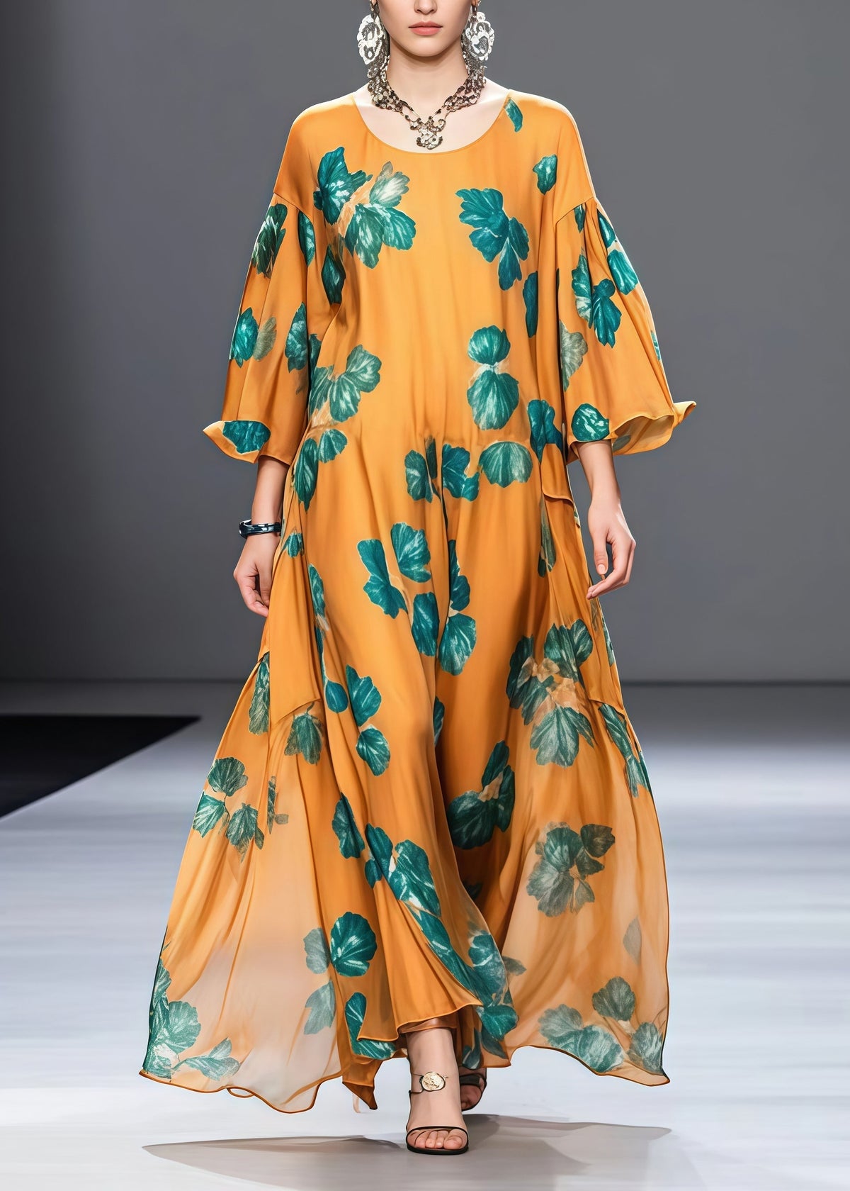 Round Neck Bell Sleeve Botanical Leaf Print Gathered Waist Chiffon Maxi Dress