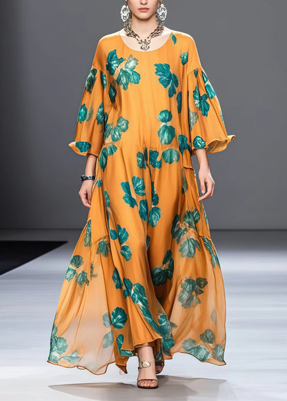 Round Neck Bell Sleeve Botanical Leaf Print Gathered Waist Chiffon Maxi Dress
