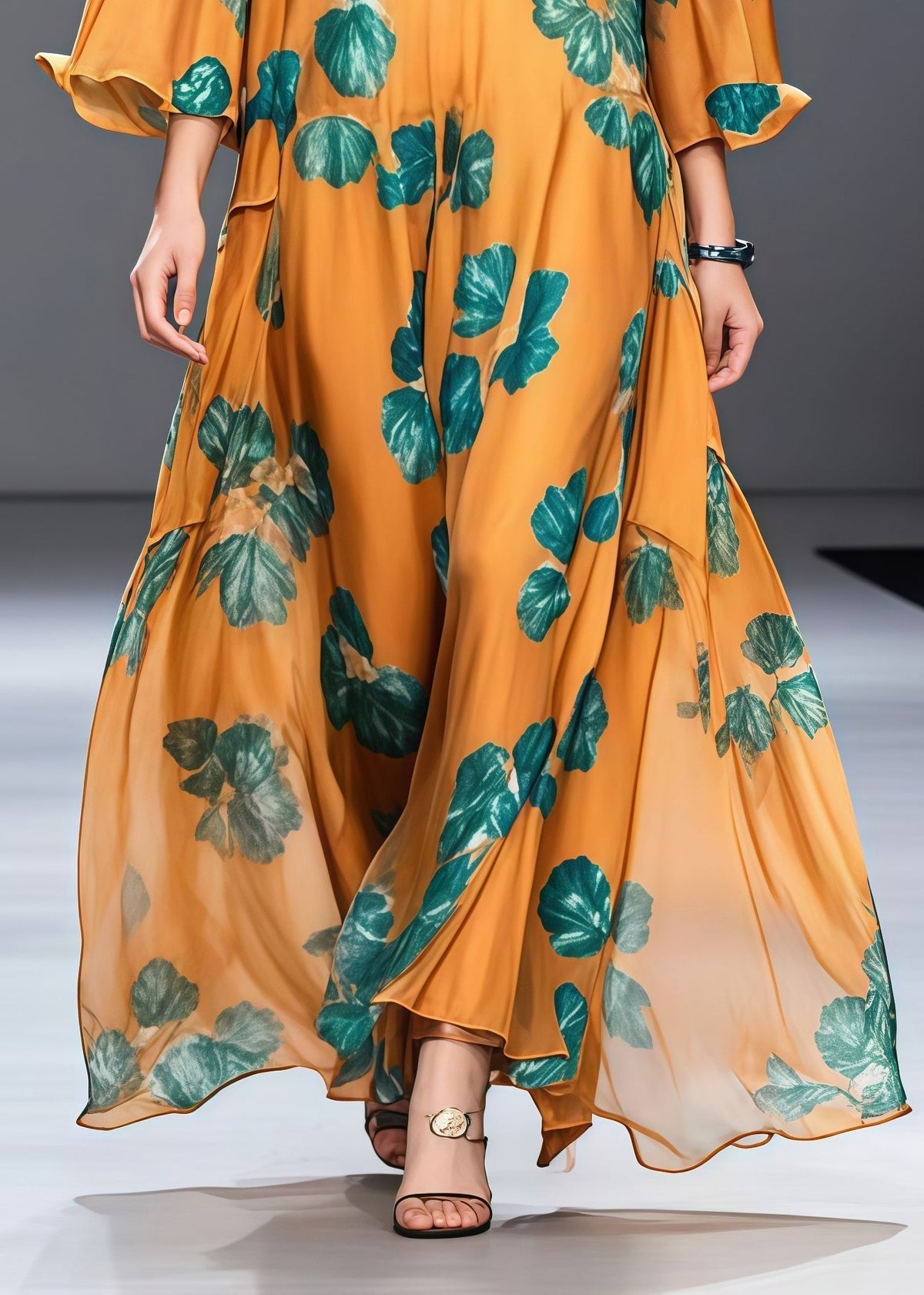 Round Neck Bell Sleeve Botanical Leaf Print Gathered Waist Chiffon Maxi Dress
