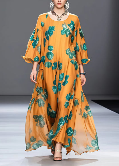 Round Neck Bell Sleeve Botanical Leaf Print Gathered Waist Chiffon Maxi Dress