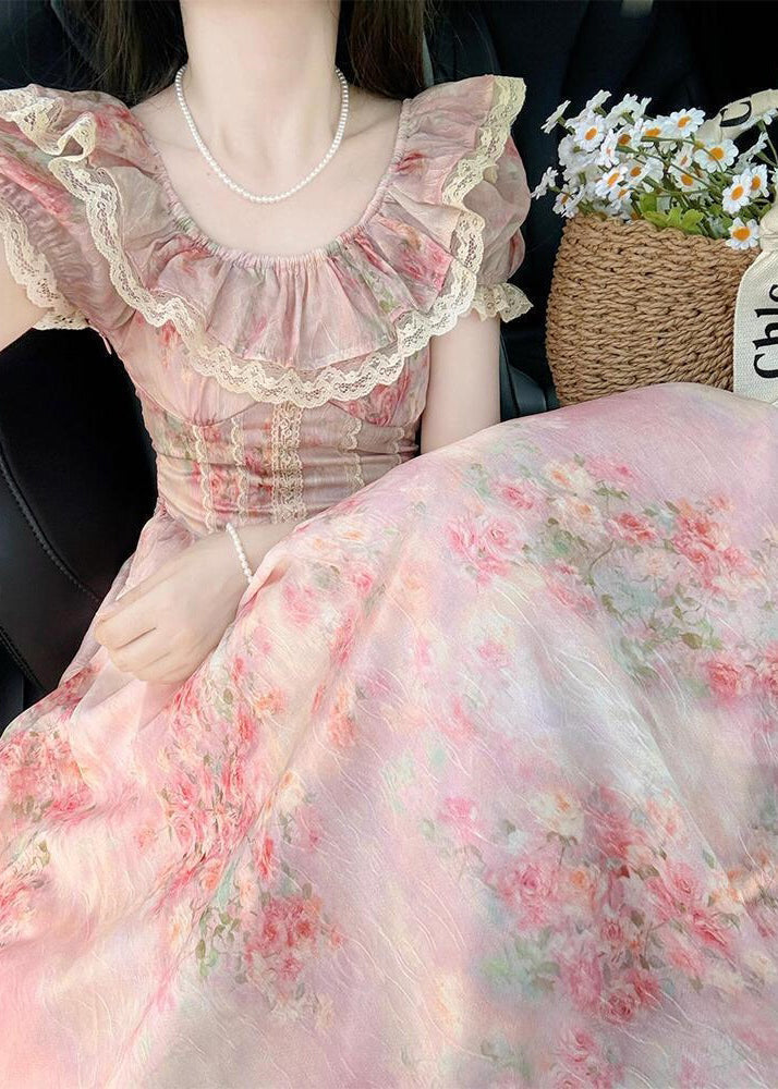Floral Print Lace Trim Ruffle Neck Puff Sleeve Tiered Midi Dress
