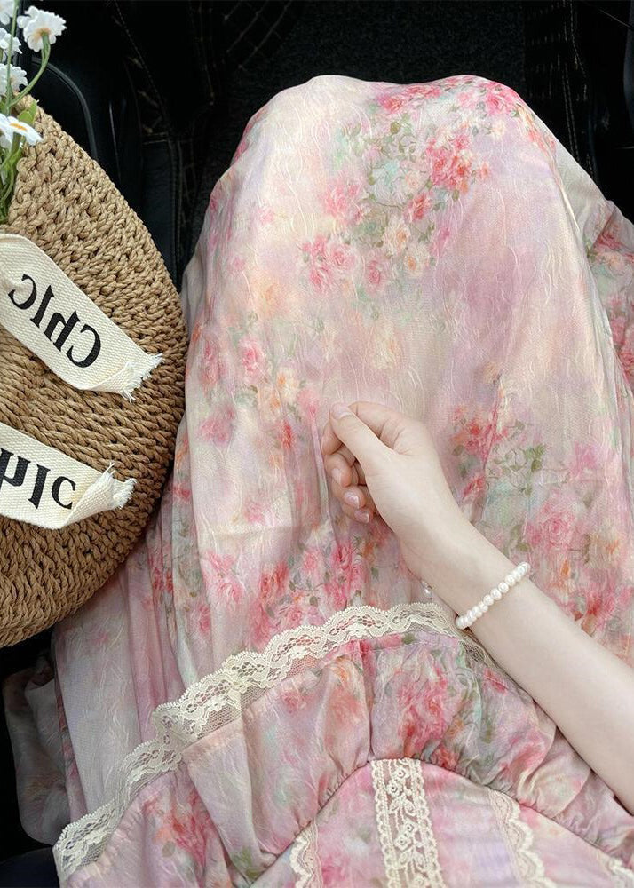 Floral Print Lace Trim Ruffle Neck Puff Sleeve Tiered Midi Dress