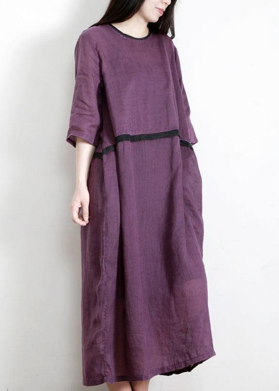 Round Neck Contrast Trim Band Three Quarter Sleeve Linen Maxi Dress